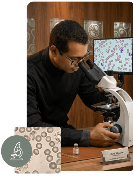Profissional em morfologia do sangue realizando observação microscópica em laboratório